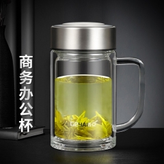 高档双层玻璃杯男办公杯大容量 带把手玻璃水杯 450ML