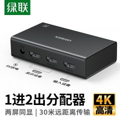 绿联（UGREEN）HDMI分配器4K高清同屏显示一进二出视频分屏扩展90803